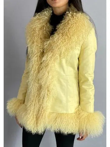 Shearling-Fringed Leather Jacket, Yellow - Branna Couture