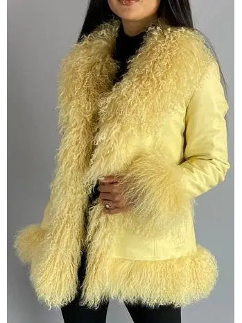 Shearling-Fringed Leather Jacket, Yellow - Branna Couture