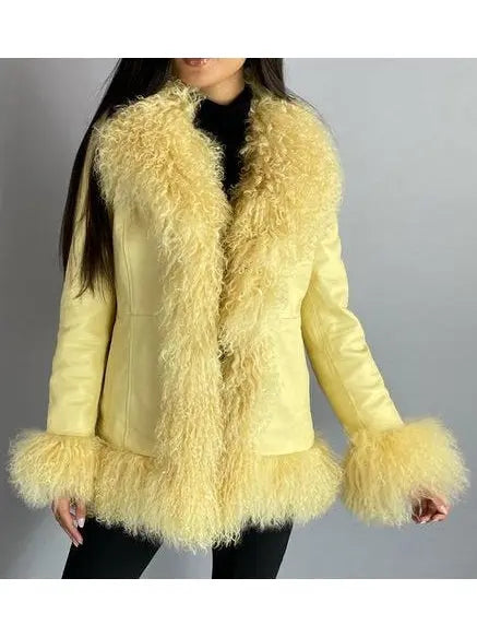 Shearling-Fringed Leather Jacket, Yellow - Branna Couture