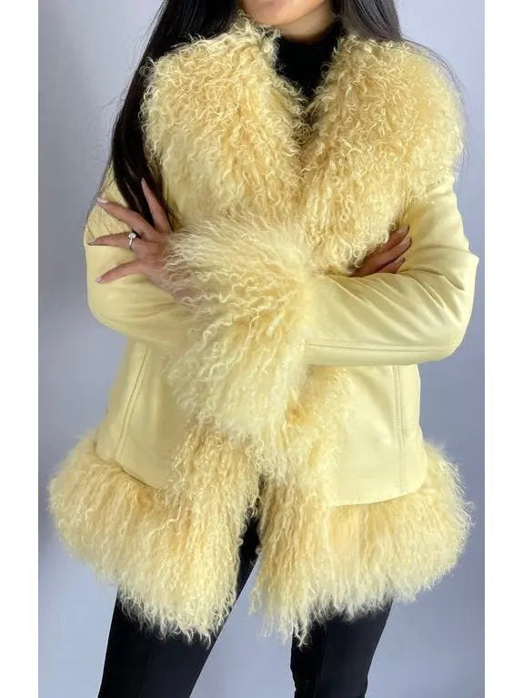 Shearling-Fringed Leather Jacket, Yellow - Branna Couture