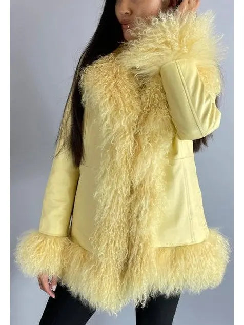 Shearling-Fringed Leather Jacket, Yellow - Branna Couture