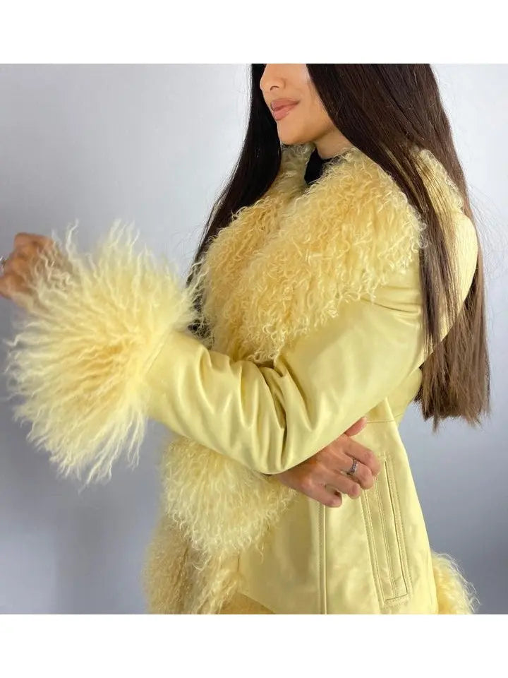 Shearling-Fringed Leather Jacket, Yellow - Branna Couture