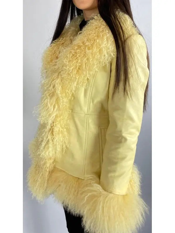 Shearling-Fringed Leather Jacket, Yellow - Branna Couture