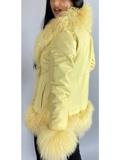 Shearling-Fringed Leather Jacket, Yellow - Branna Couture