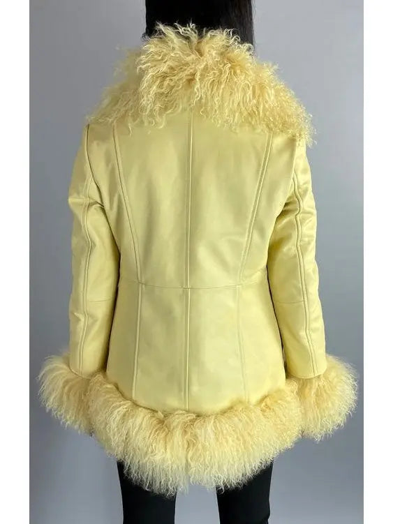 Shearling-Fringed Leather Jacket, Yellow - Branna Couture