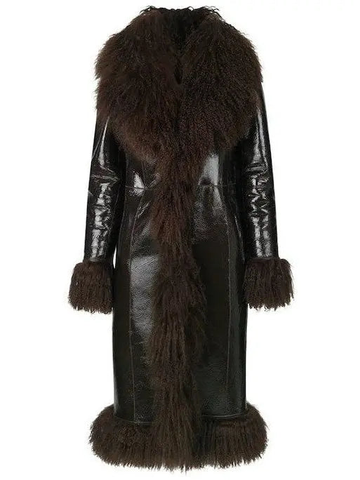 Shearling-Fringed Long Leather Coat - Branna Couture