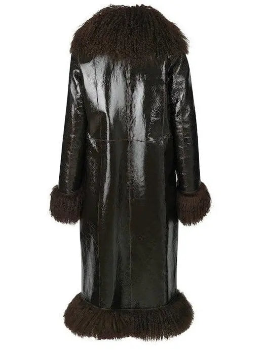 Shearling-Fringed Long Leather Coat - Branna Couture