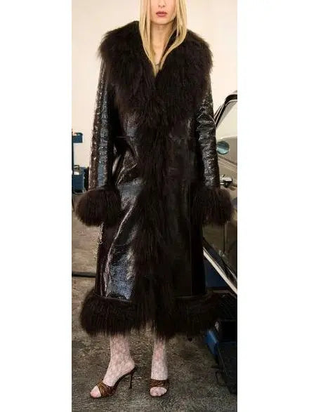 Shearling-Fringed Long Leather Coat - Branna Couture