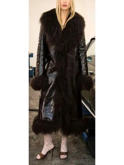 Shearling-Fringed Long Leather Coat - Branna Couture