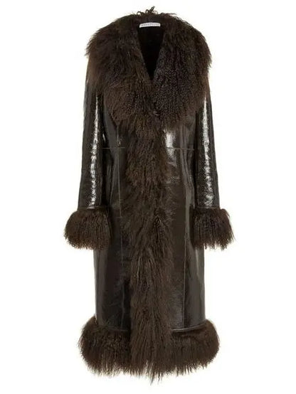 Shearling-Fringed Long Leather Coat - Branna Couture