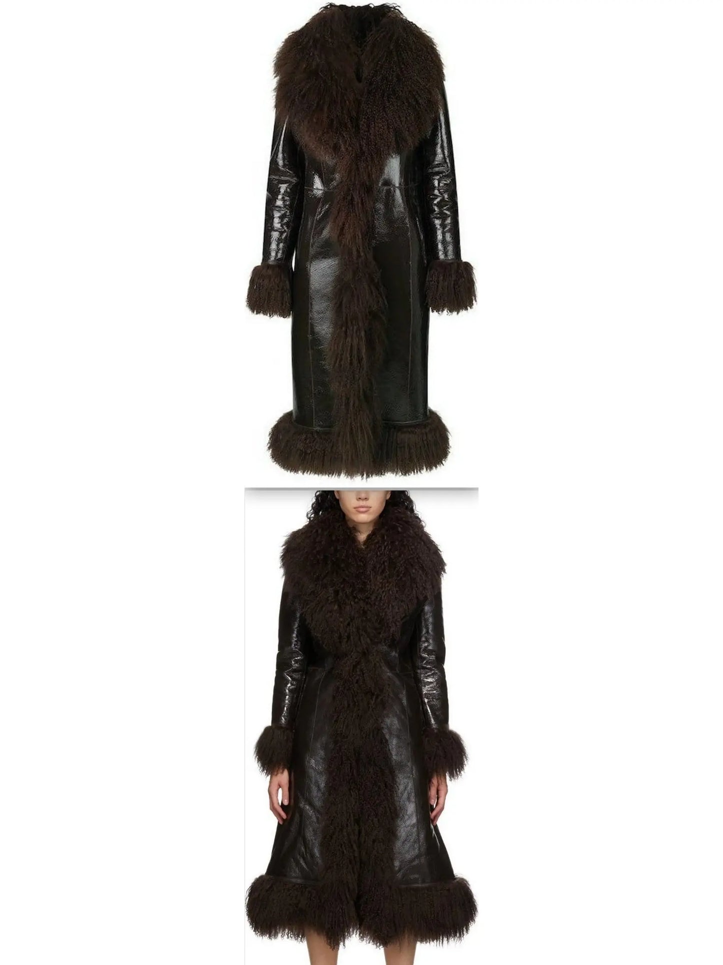 Shearling-Fringed Long Leather Coat - Branna Couture