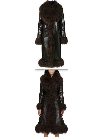 Shearling-Fringed Long Leather Coat - Branna Couture