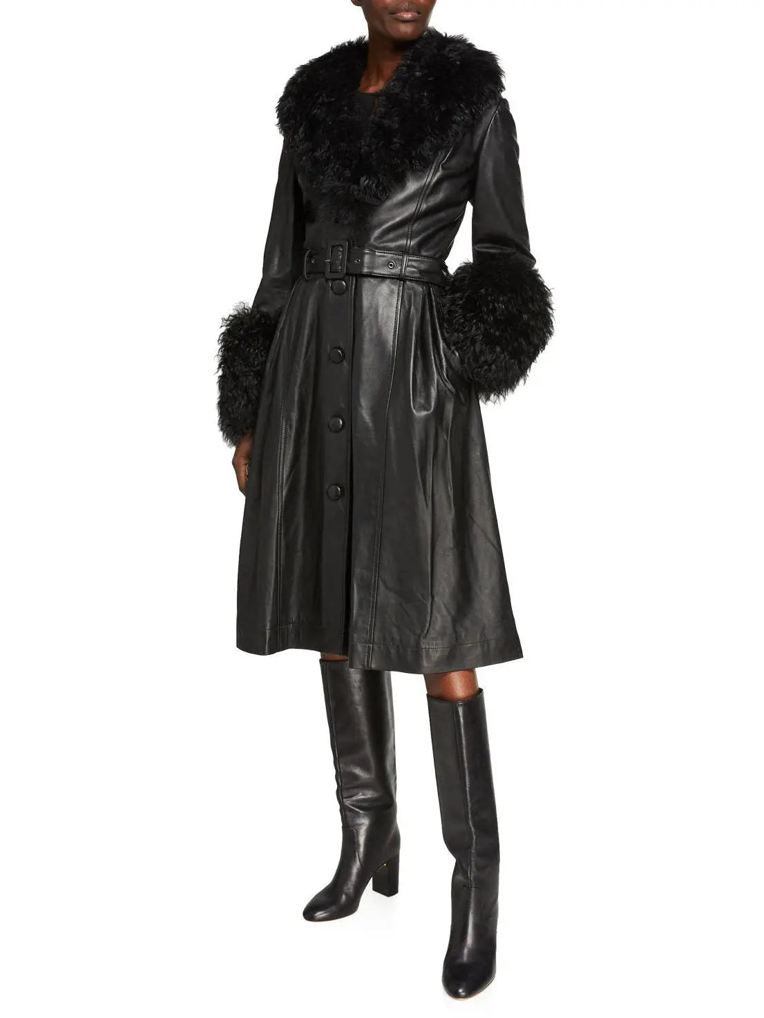 Shearling-Trim Leather Coat, Black - Branna Couture