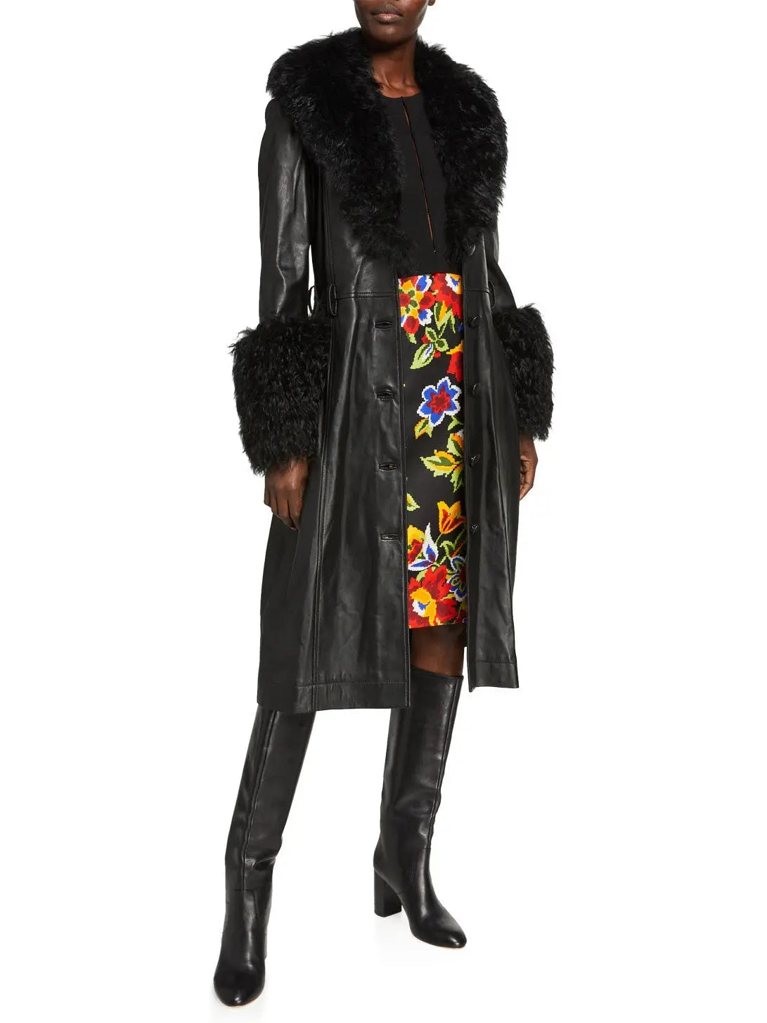 Shearling-Trim Leather Coat, Black - Branna Couture