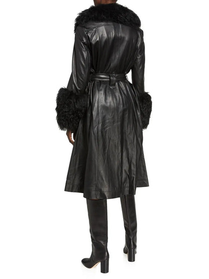 Shearling-Trim Leather Coat, Black - Branna Couture