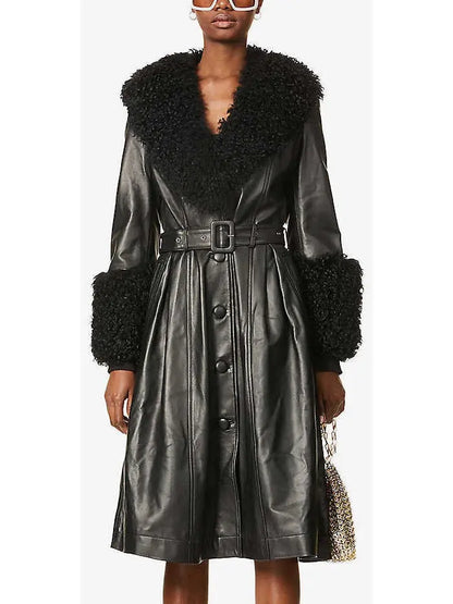 Shearling-Trim Leather Coat, Black - Branna Couture