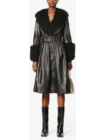 Shearling-Trim Leather Coat, Black - Branna Couture