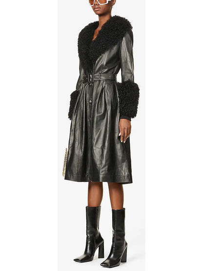 Shearling-Trim Leather Coat, Black - Branna Couture