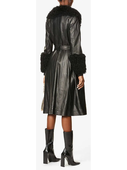 Shearling-Trim Leather Coat, Black - Branna Couture