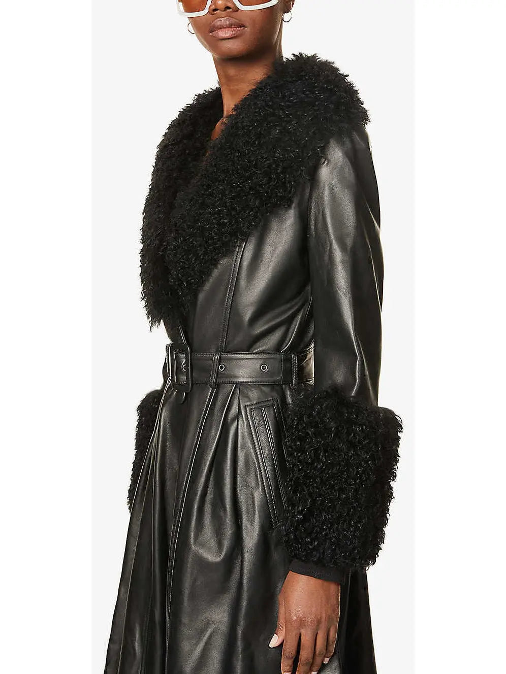 Shearling-Trim Leather Coat, Black - Branna Couture