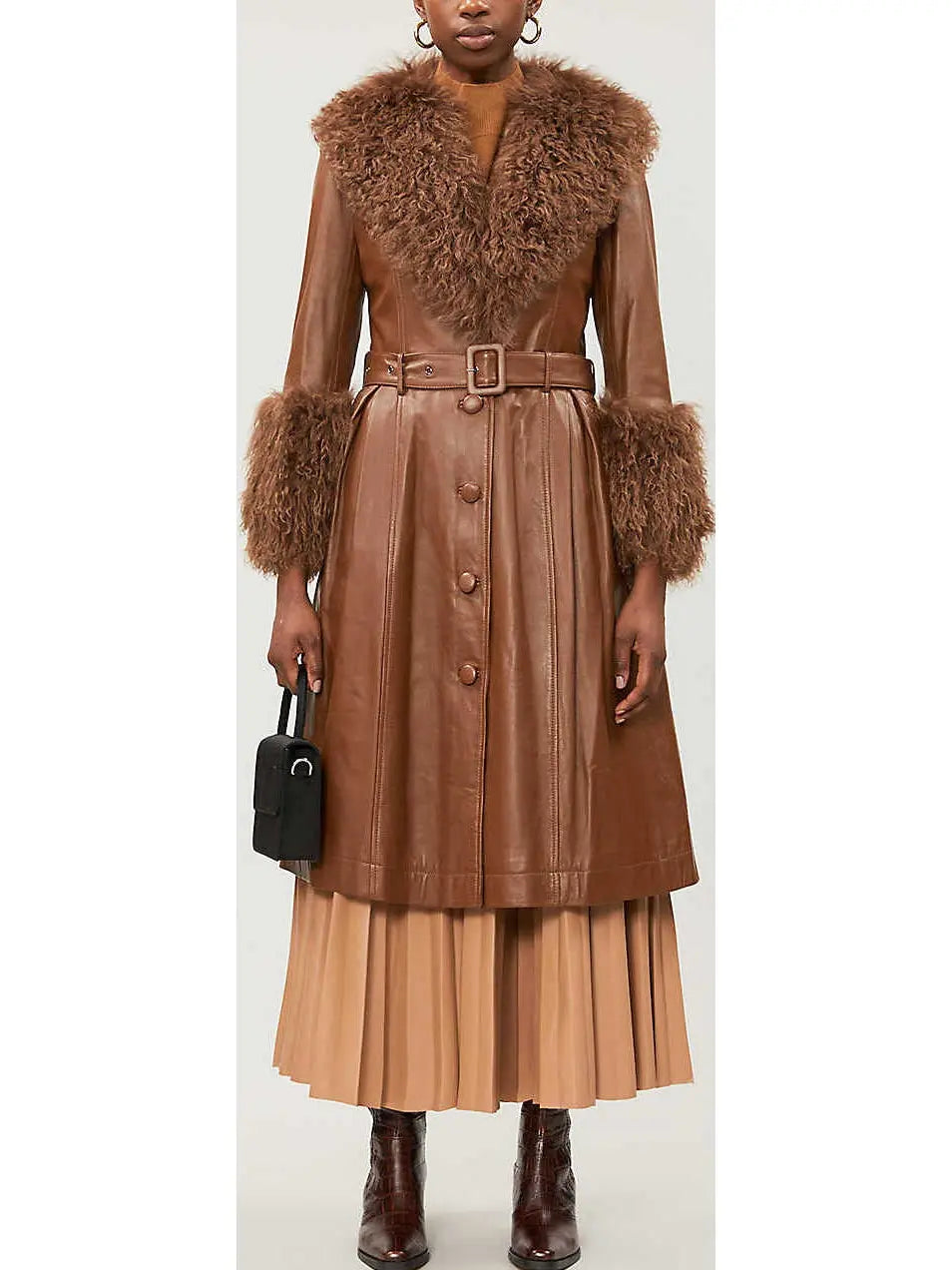 Shearling-Trim Leather Coat, Brown - Branna Couture