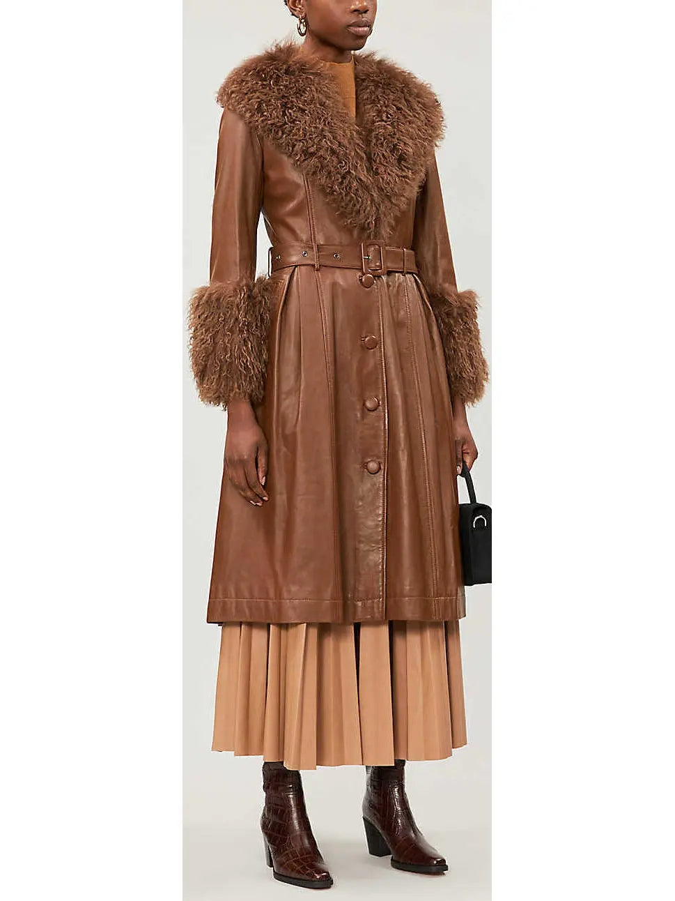 Shearling-Trim Leather Coat, Brown - Branna Couture