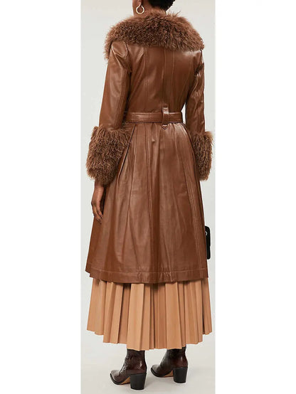 Shearling-Trim Leather Coat, Brown - Branna Couture