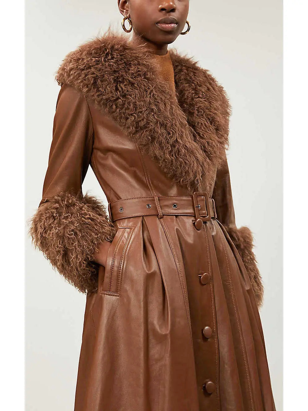 Shearling-Trim Leather Coat, Brown - Branna Couture