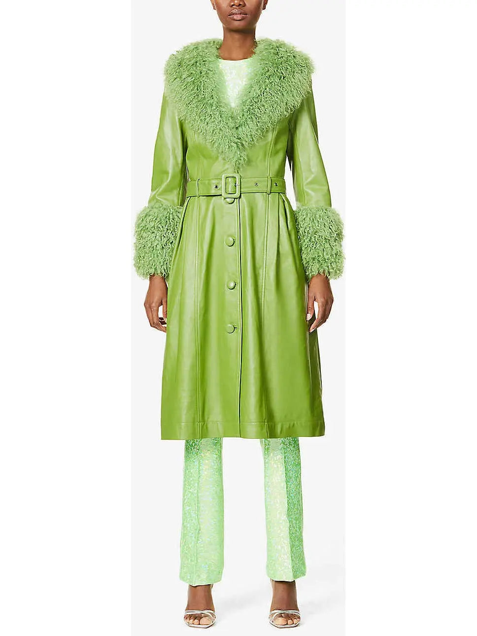 Shearling-Trim Leather Coat, Light Green - Branna Couture