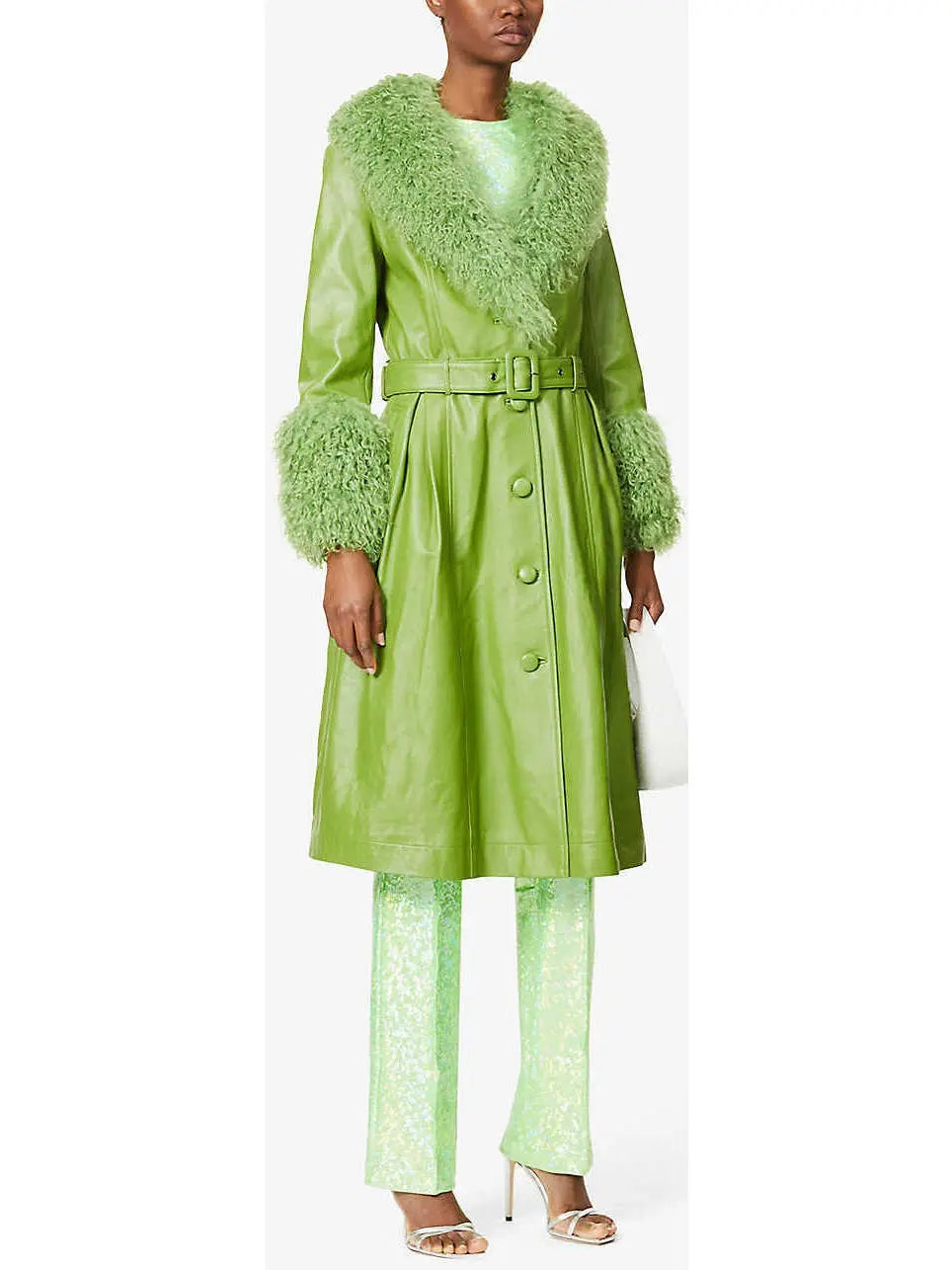 Shearling-Trim Leather Coat, Light Green - Branna Couture