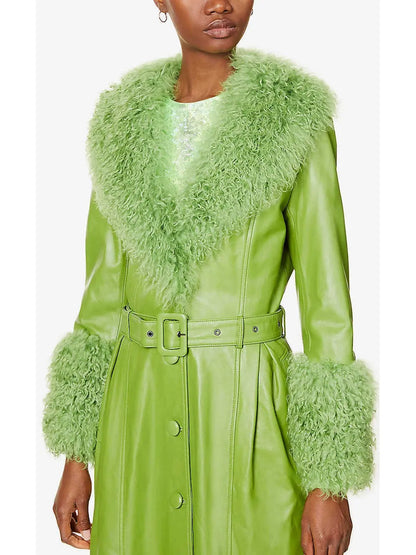 Shearling-Trim Leather Coat, Light Green - Branna Couture