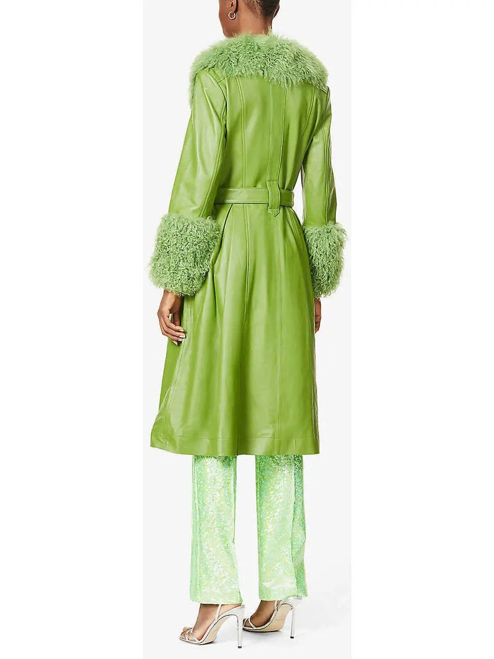 Shearling-Trim Leather Coat, Light Green - Branna Couture