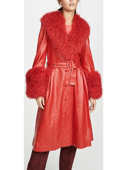 Shearling-Trim Leather Coat, Red - Branna Couture