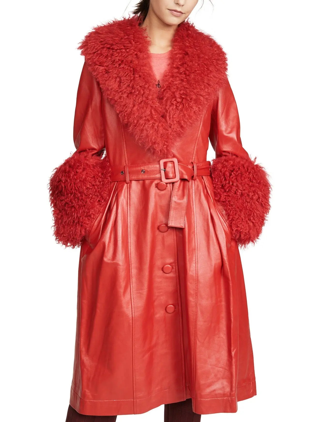 Shearling-Trim Leather Coat, Red - Branna Couture