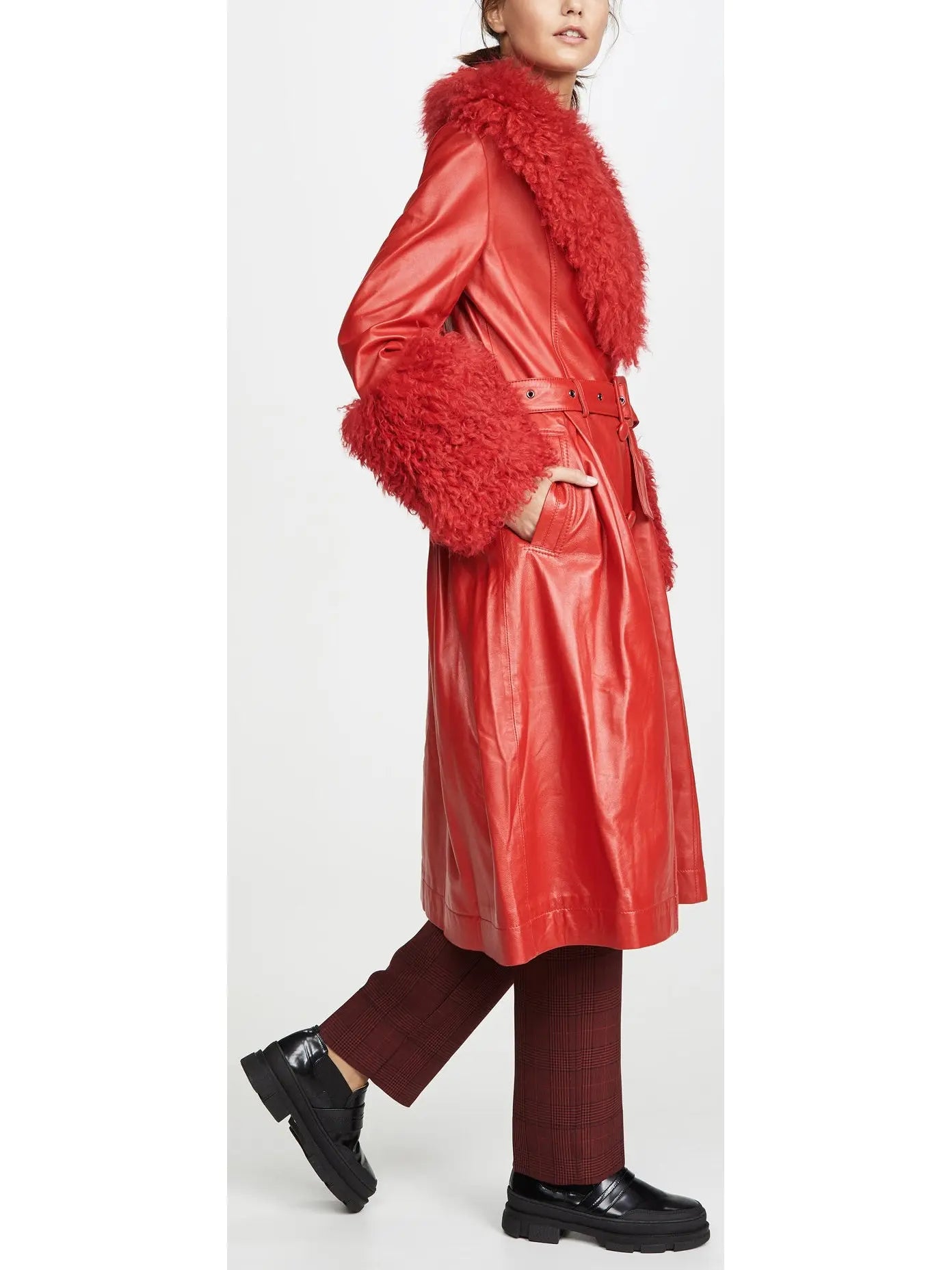 Shearling-Trim Leather Coat, Red - Branna Couture