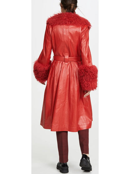 Shearling-Trim Leather Coat, Red - Branna Couture