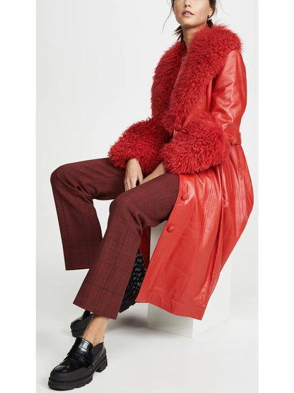 Shearling-Trim Leather Coat, Red - Branna Couture