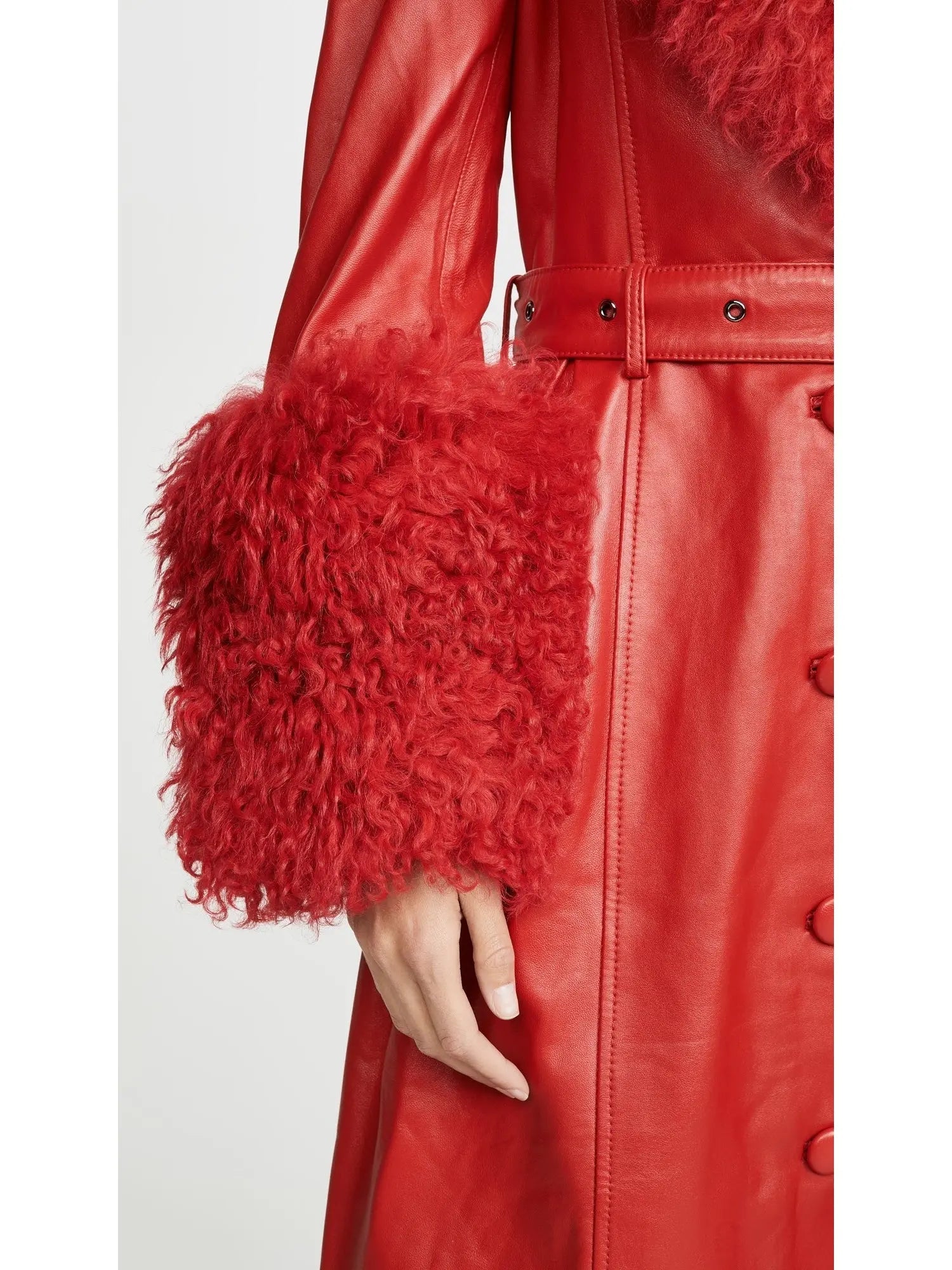 Shearling-Trim Leather Coat, Red - Branna Couture