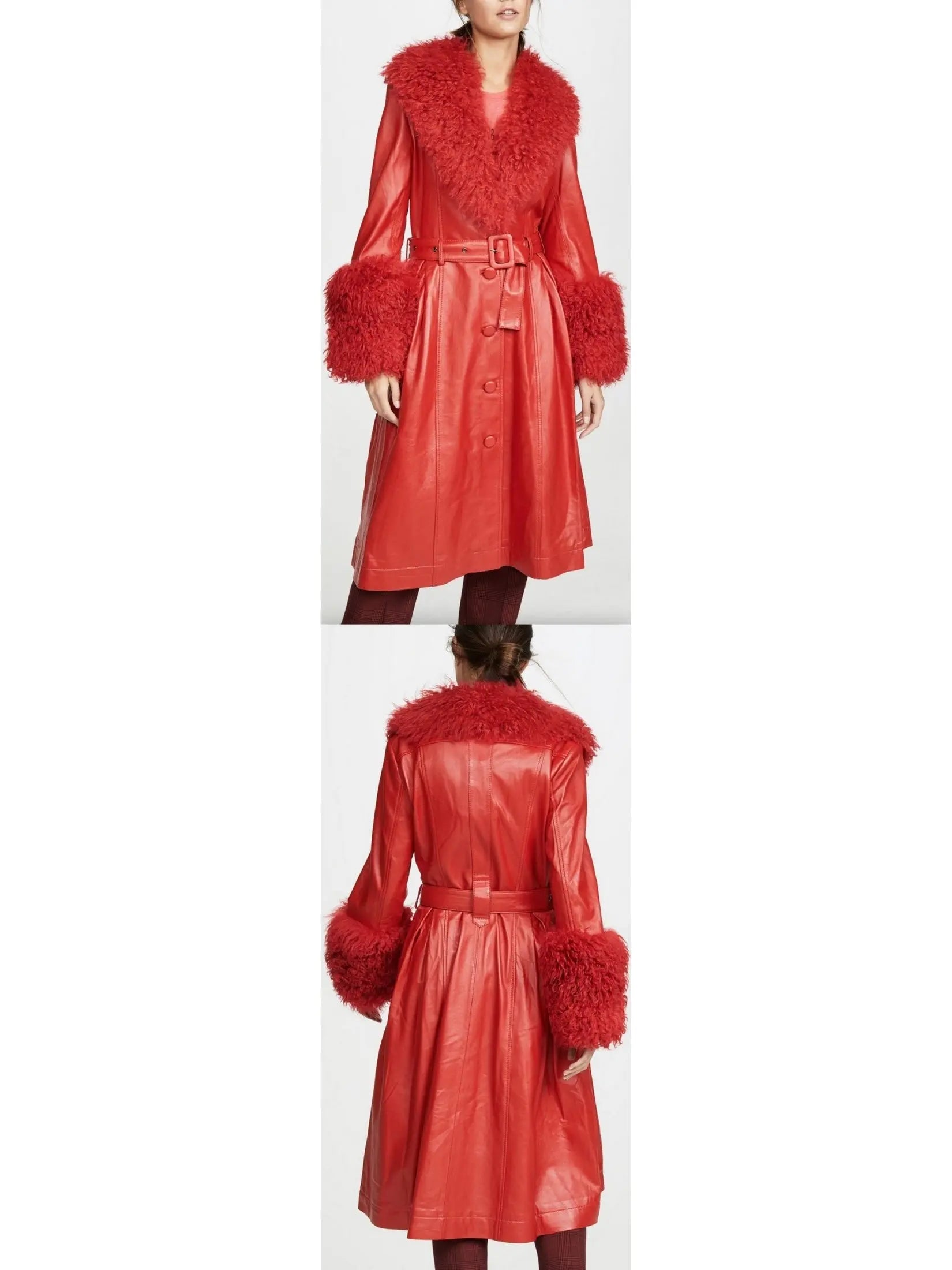 Shearling-Trim Leather Coat, Red - Branna Couture