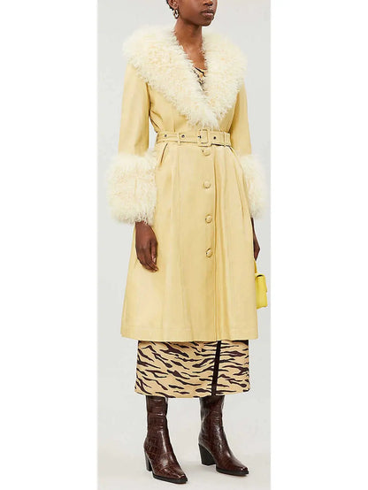 Shearling-Trim Leather Coat, Yellow - Branna Couture