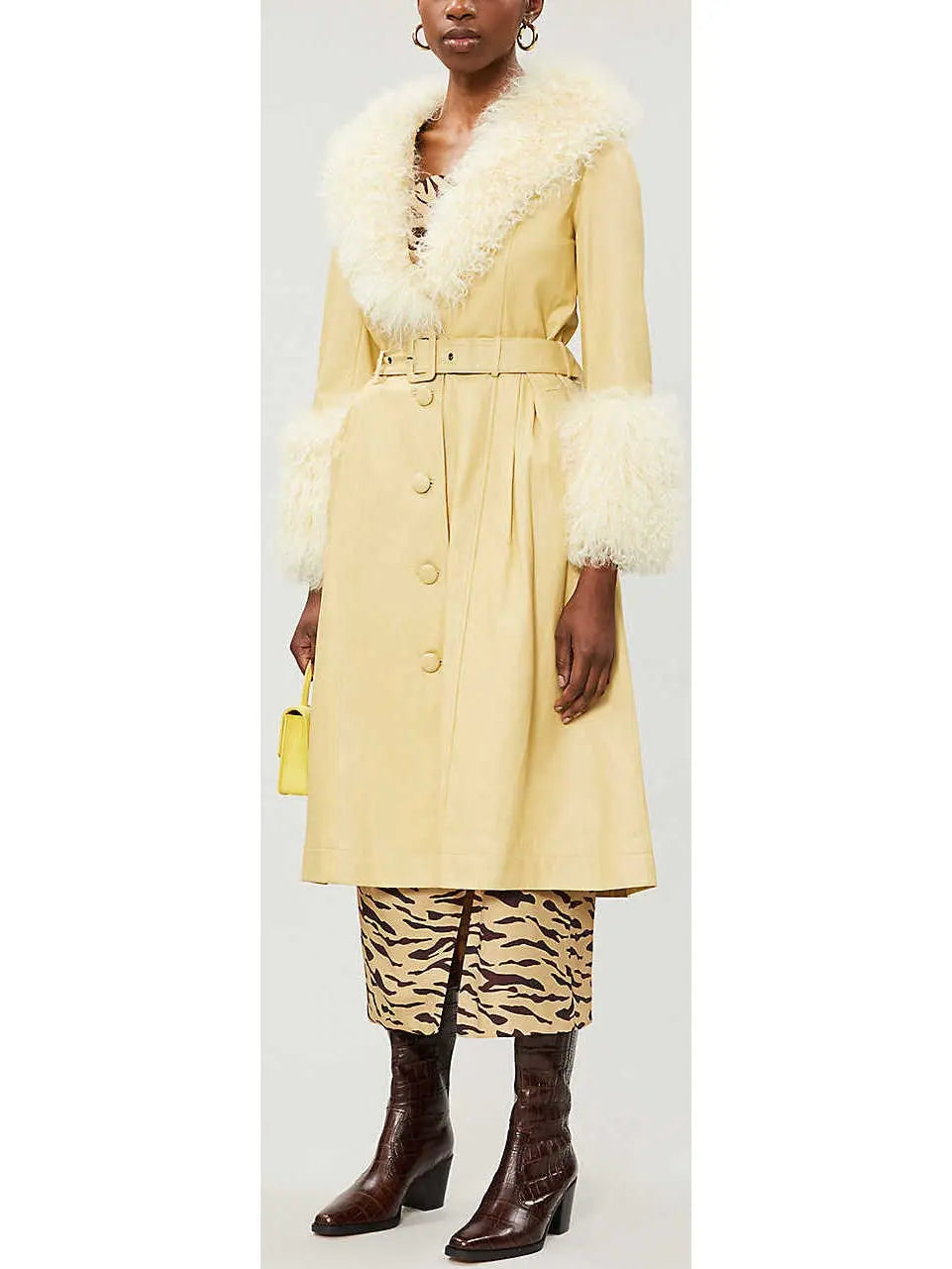 Shearling-Trim Leather Coat, Yellow - Branna Couture