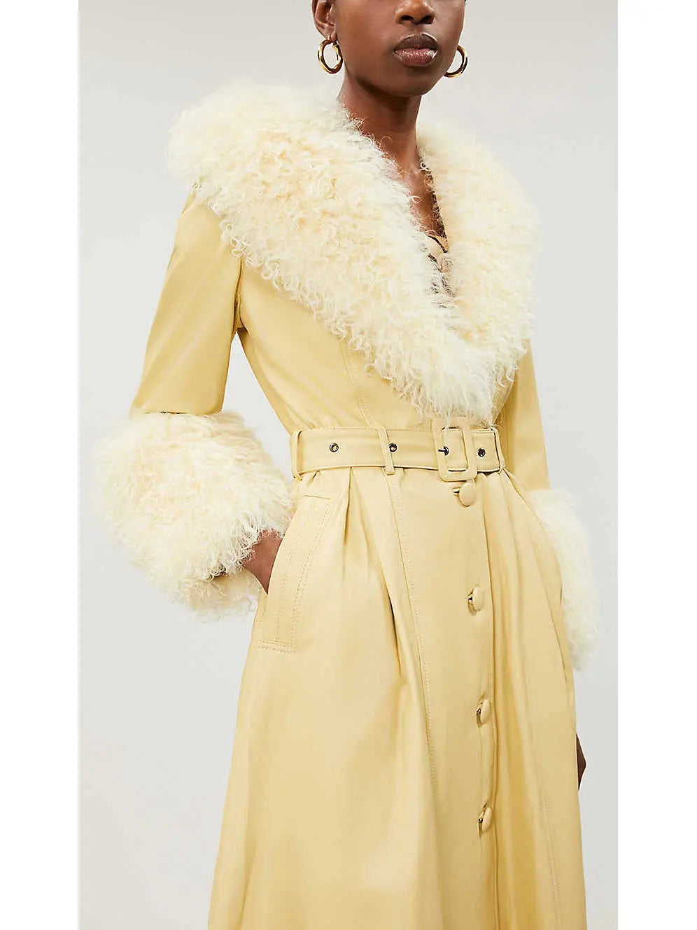 Shearling-Trim Leather Coat, Yellow - Branna Couture