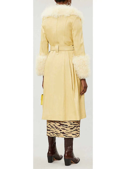 Shearling-Trim Leather Coat, Yellow - Branna Couture