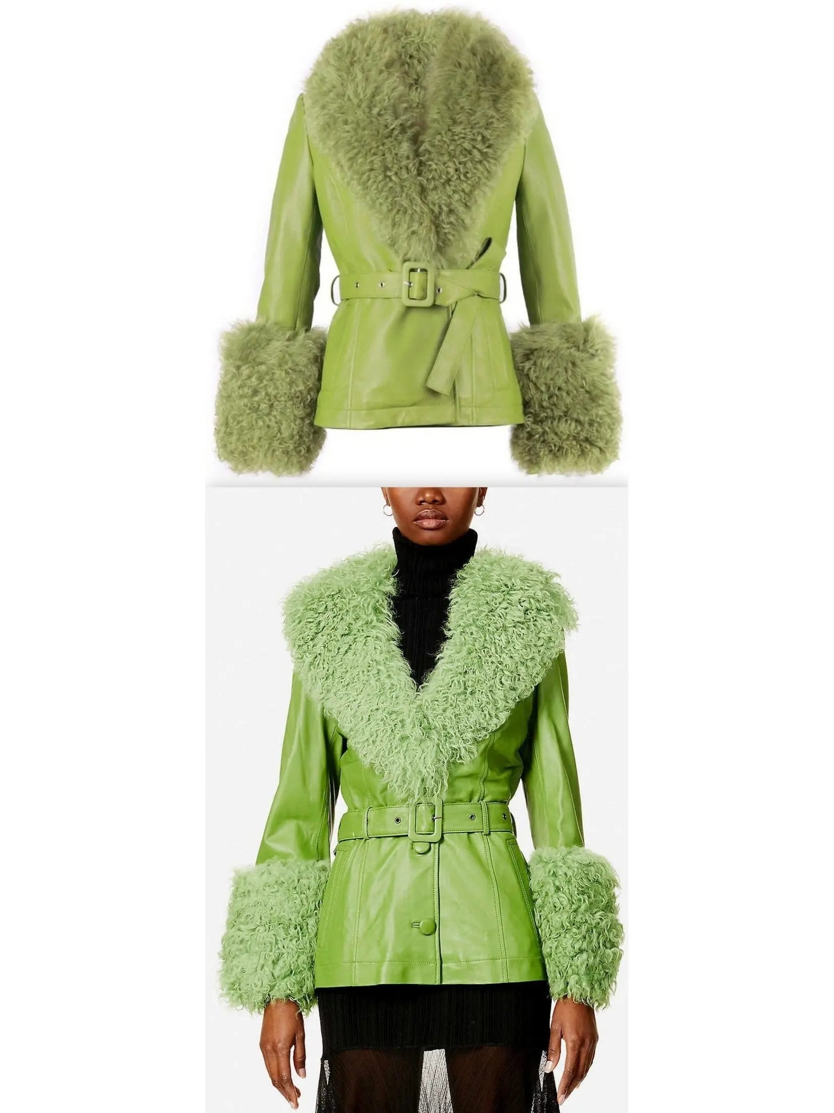 Shearling-Trim Leather Jacket-Light Green or Green - Branna Couture