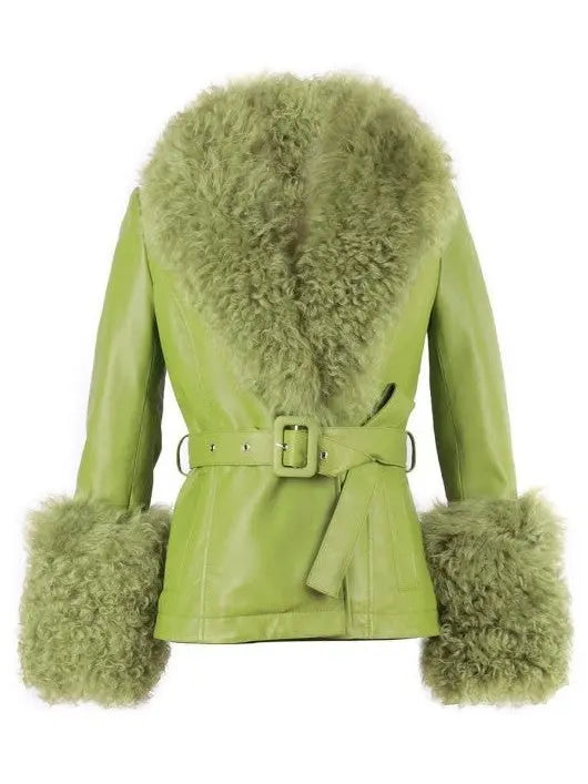 Shearling-Trim Leather Jacket-Light Green or Green - Branna Couture