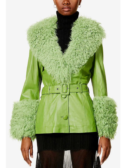 Shearling-Trim Leather Jacket-Light Green or Green - Branna Couture