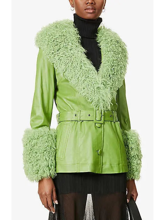 Shearling-Trim Leather Jacket-Light Green or Green - Branna Couture