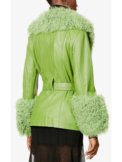 Shearling-Trim Leather Jacket-Light Green or Green - Branna Couture