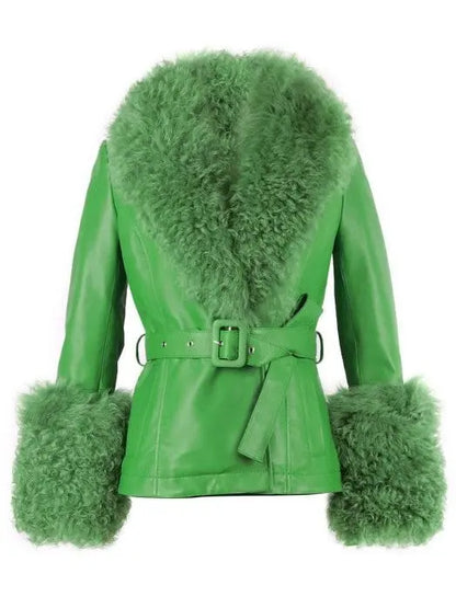 Shearling-Trim Leather Jacket-Light Green or Green - Branna Couture