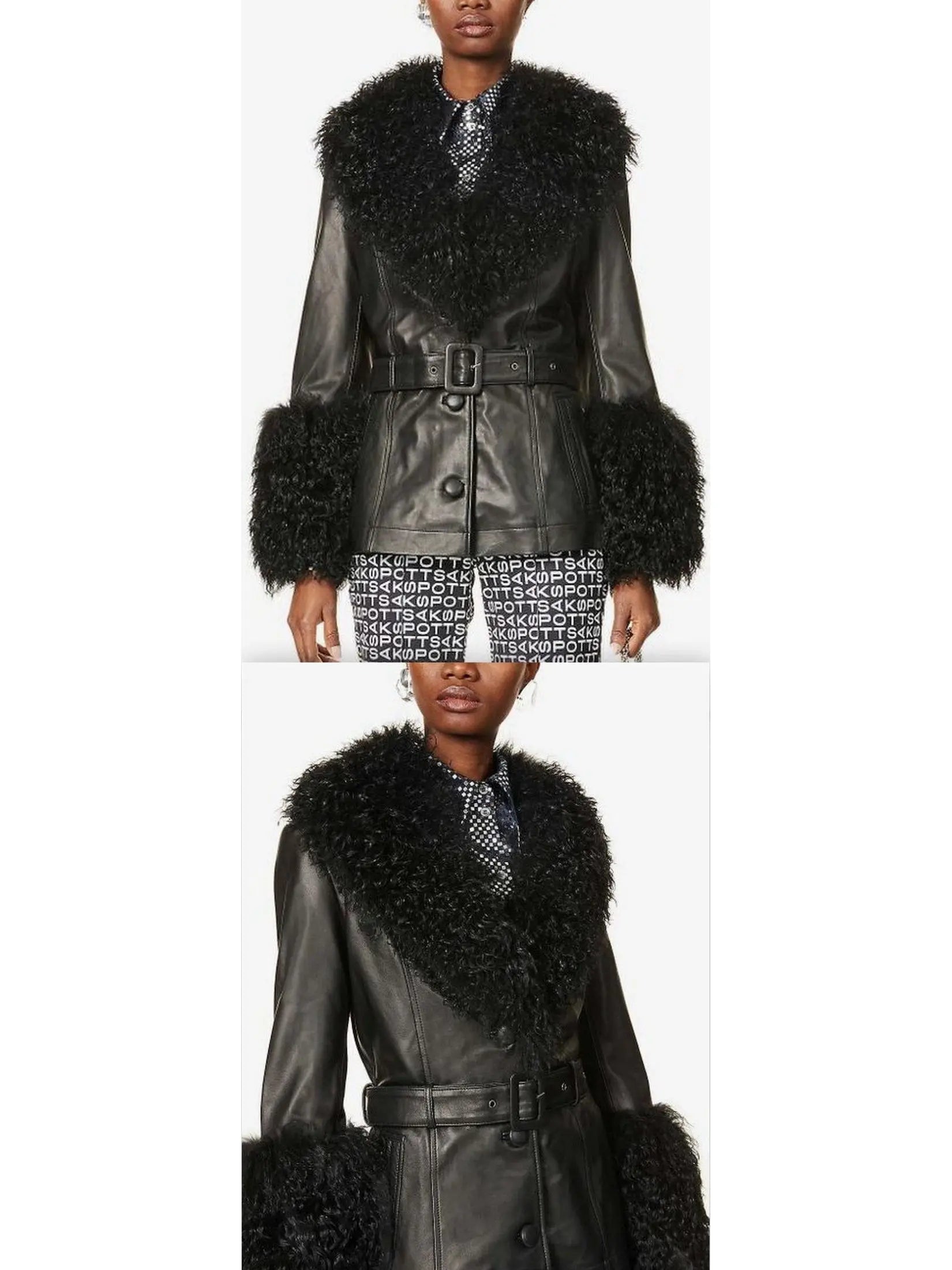 Shearling-Trim Leather Jacket, Black - Branna Couture